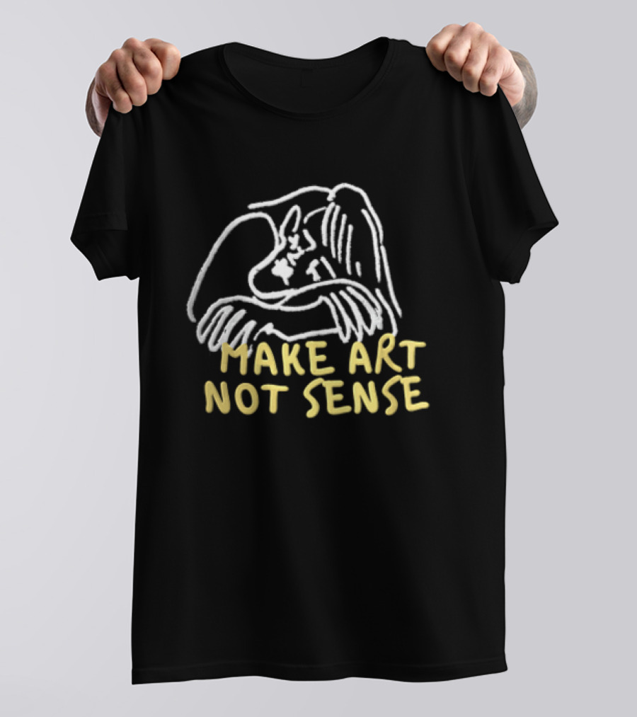 Make Art Not Sense White Line Figure Hugging Knees T-Shirt