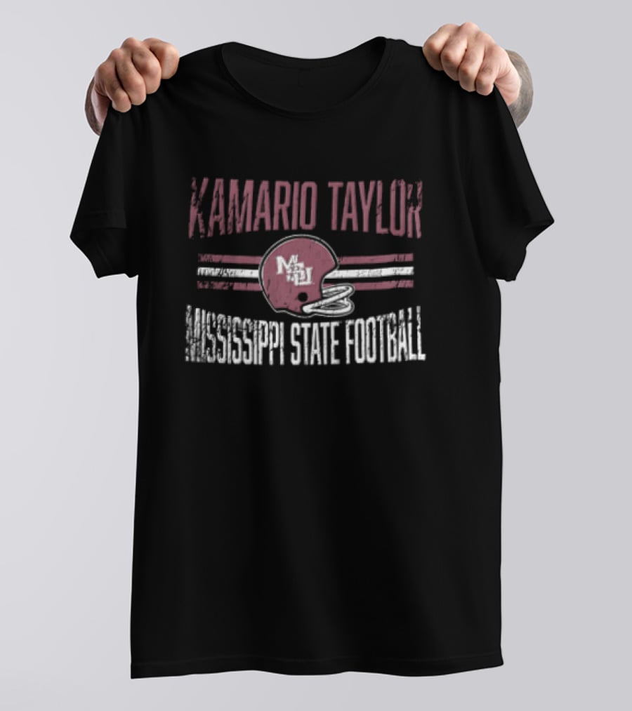 Kamario Taylor Mississippi State Bulldogs NCAA Football Distressed Helmet Horizontal Stripes T-Shirt