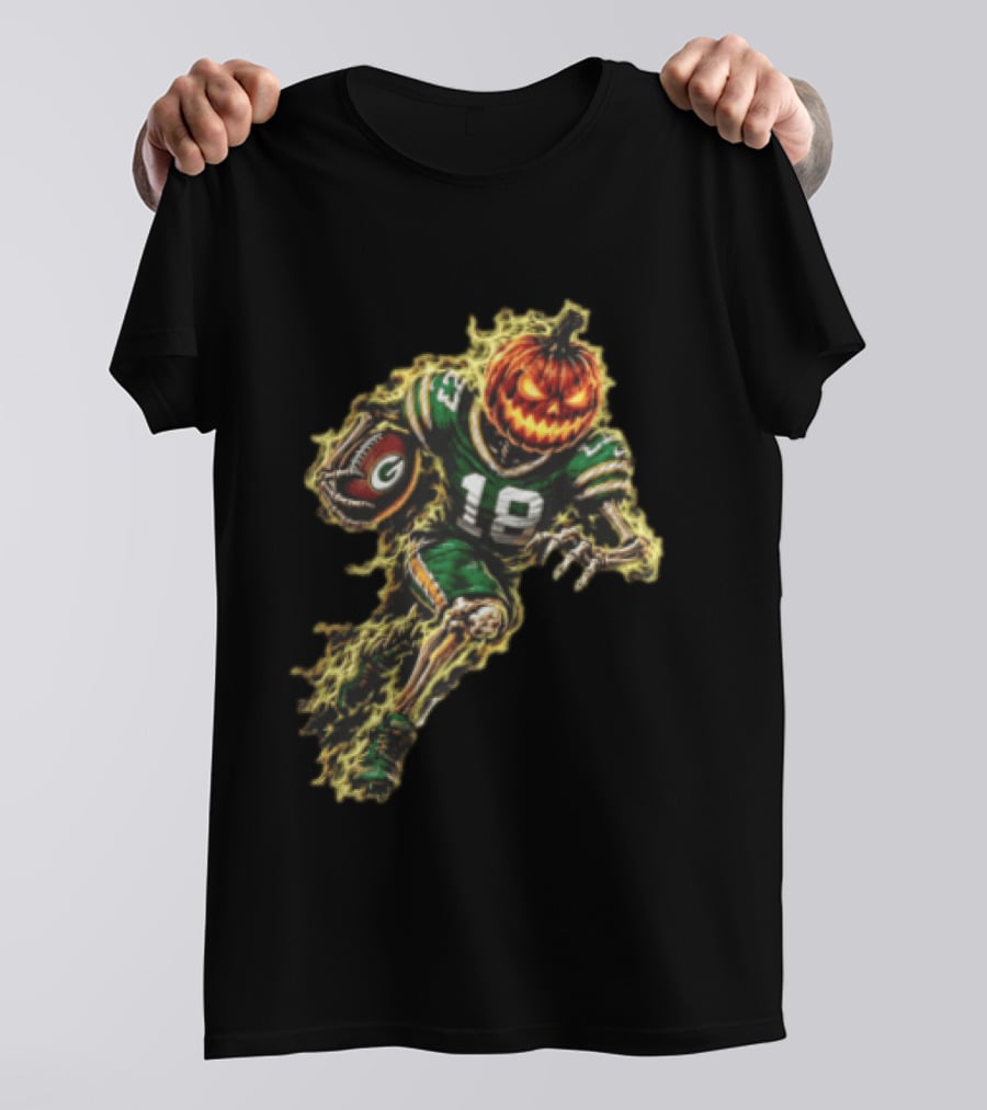 Green Bay Packers Halloween Pumpkin Head Skeleton Football Player Running T-Shirt