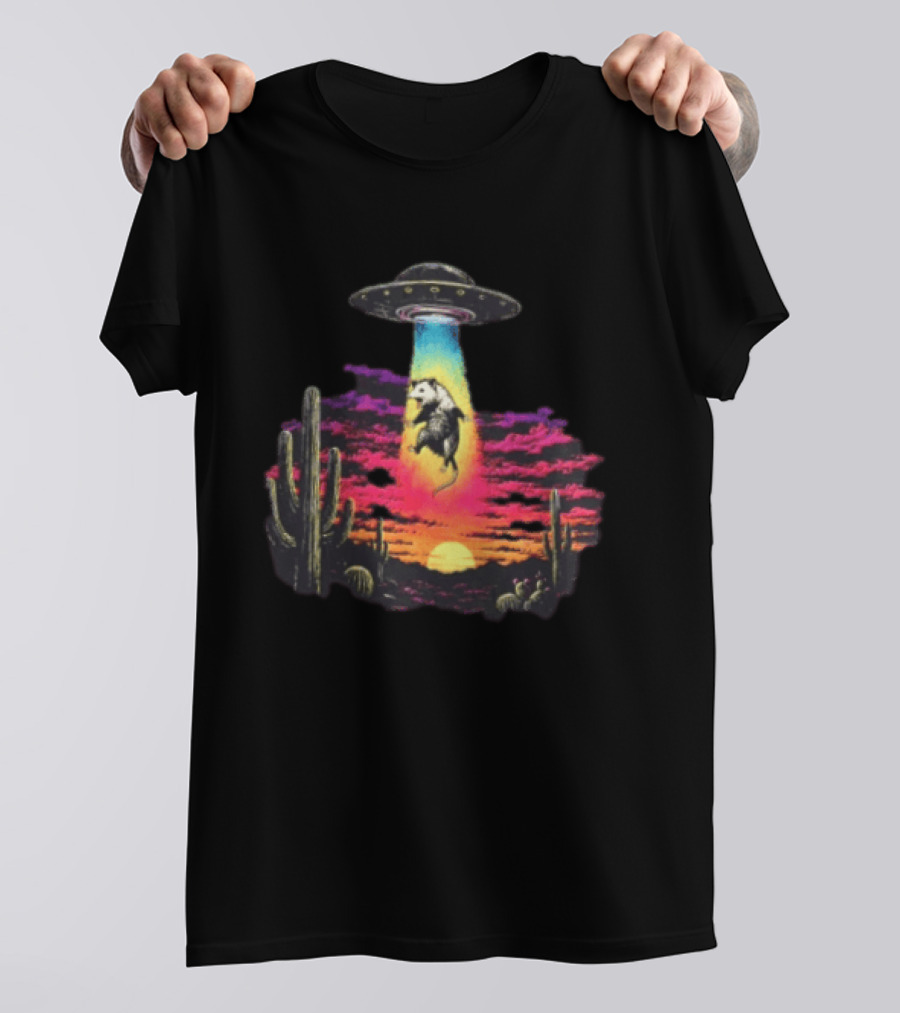 UFO Opossum Abduction In Desert Sunset Scene With Cacti And Colorful Sky T-Shirt