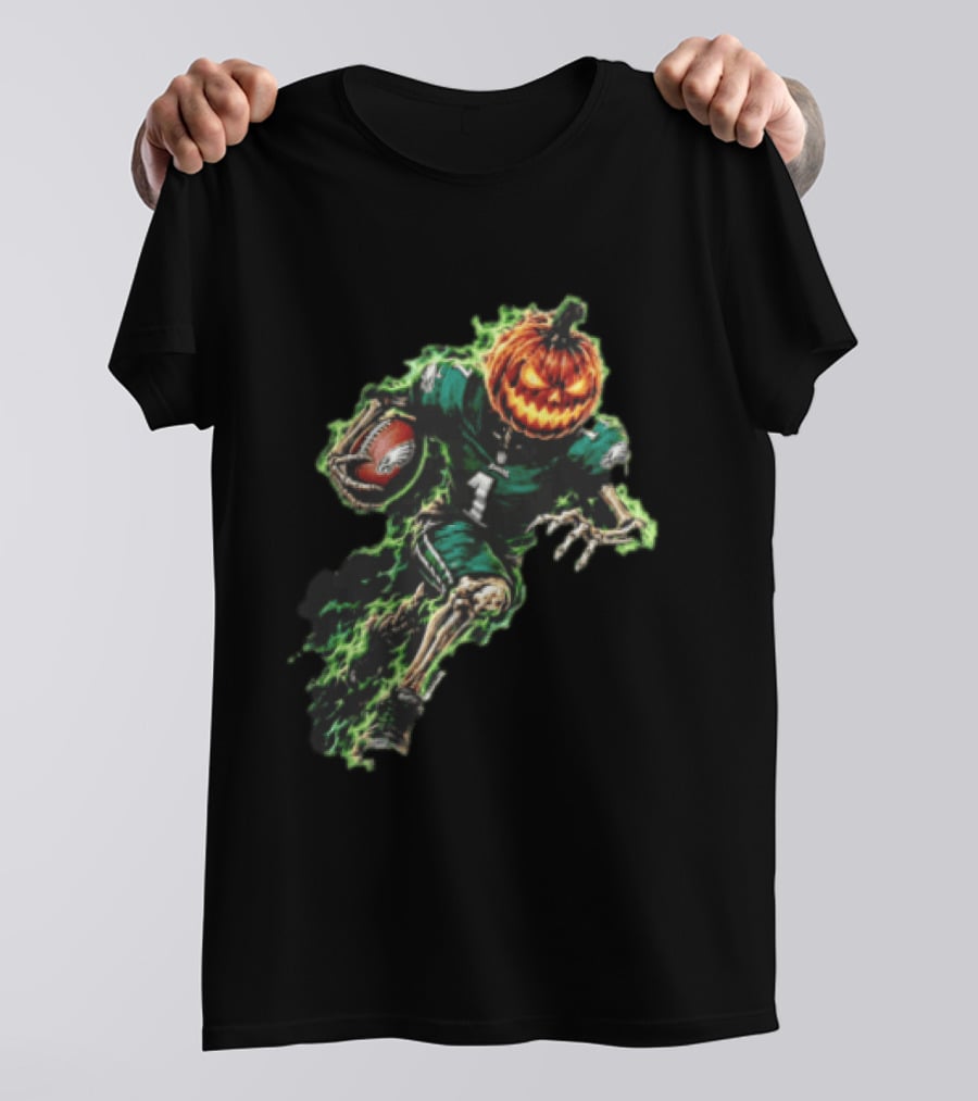Philadelphia Eagles Pumpkin Head Skeleton Player Green Flames Football T-Shirt