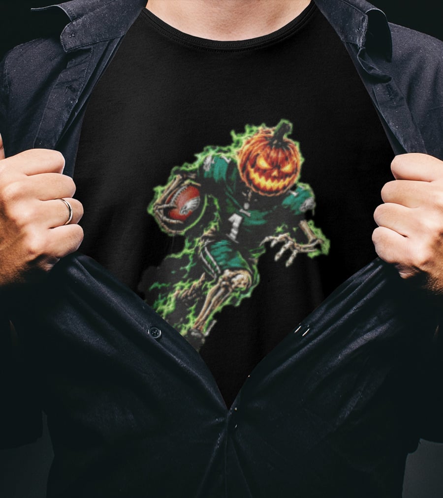 Philadelphia Eagles Pumpkin Head Skeleton Player Green Flames Football T-Shirt