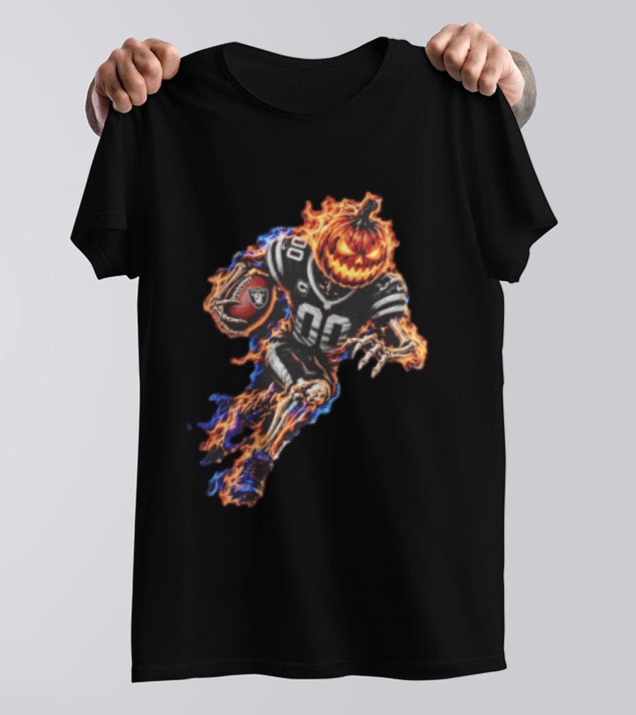 Las Vegas Raiders Flaming Pumpkin Skeleton Football Player Halloween T-Shirt
