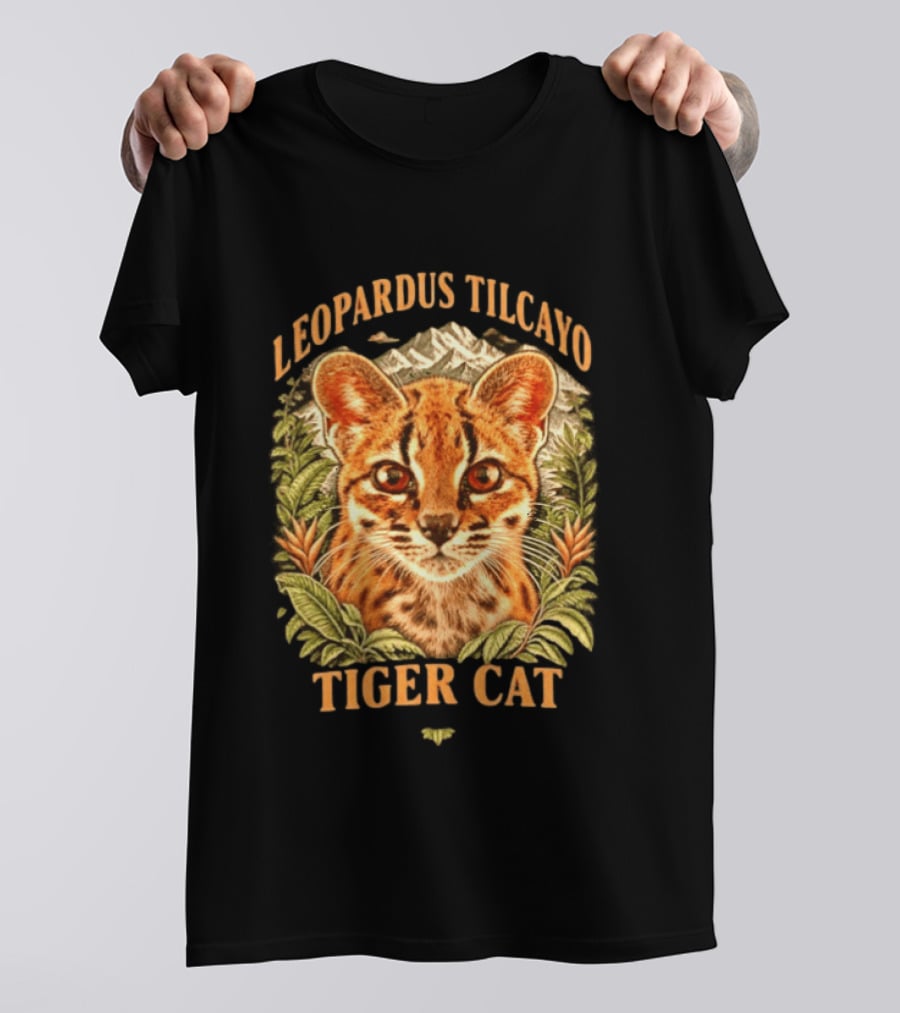 Leopardus Tilcayo Tiger Cat Wildlife Art With Foliage And Mountain T-Shirt