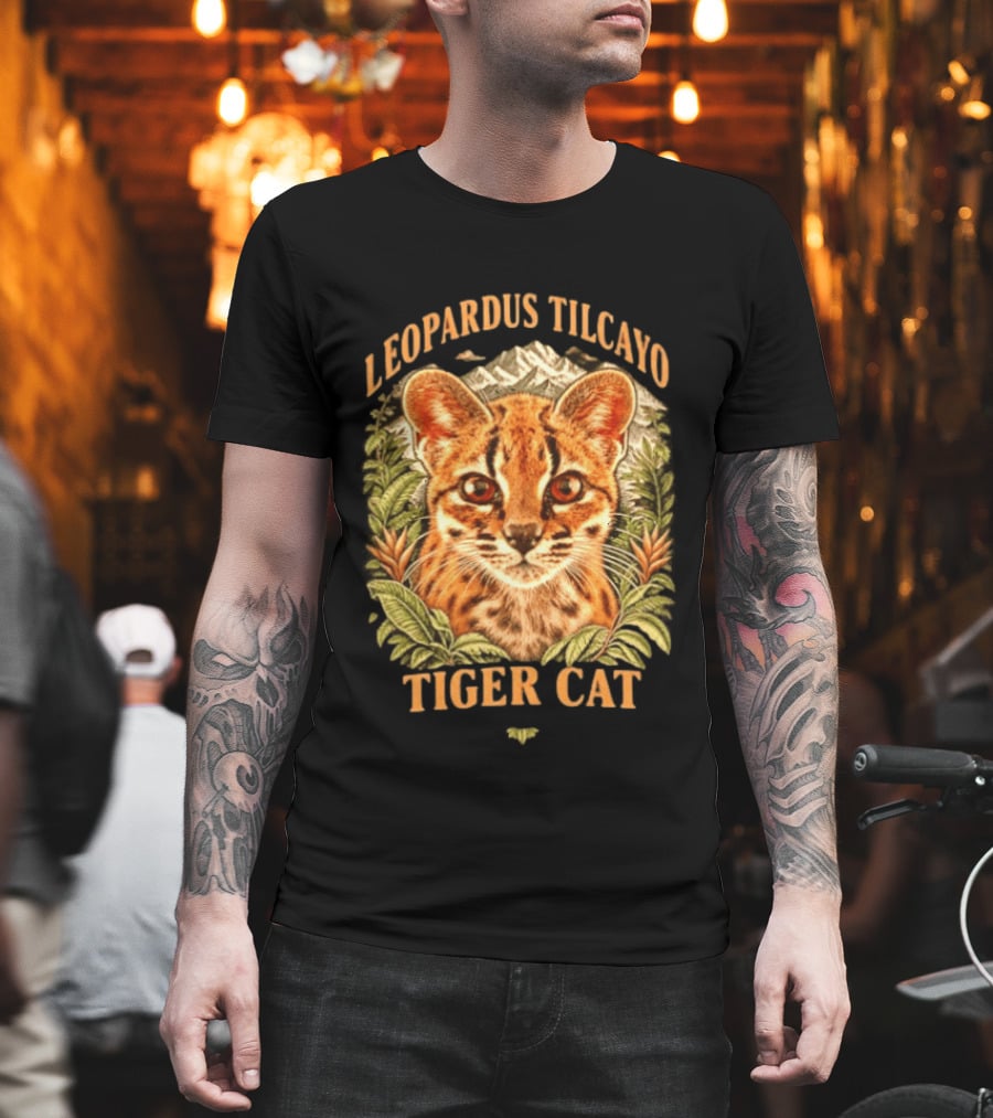 Leopardus Tilcayo Tiger Cat Wildlife Art With Foliage And Mountain T-Shirt