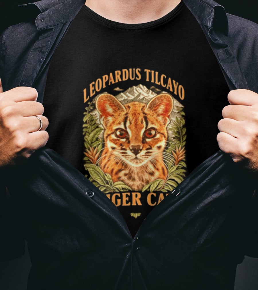 Leopardus Tilcayo Tiger Cat Wildlife Art With Foliage And Mountain T-Shirt