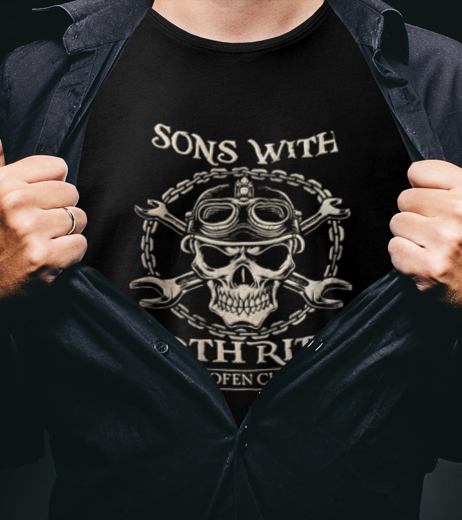 Sons With Arthritis Ibuprofen Chapter Skull Biker Helmet Goggles Wrenches Chain T-Shirt
