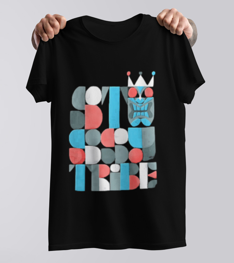 Tribe Crowned Tiki Mask Geometric Color Block T-Shirt