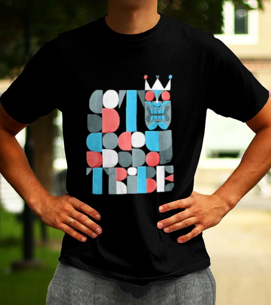 Tribe Crowned Tiki Mask Geometric Color Block T-Shirt