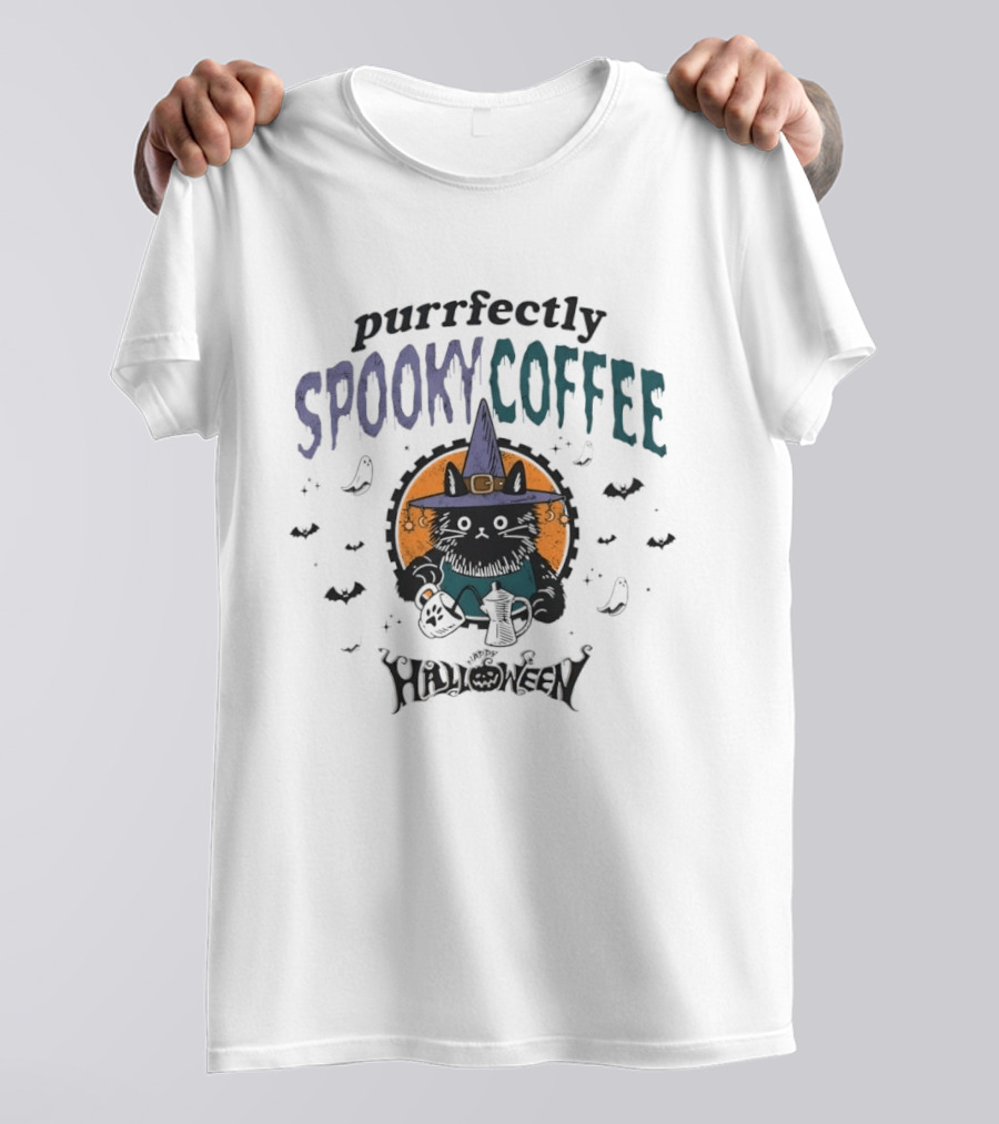 Purrfectly Spooky Coffee Witch Cat Halloween T-Shirt