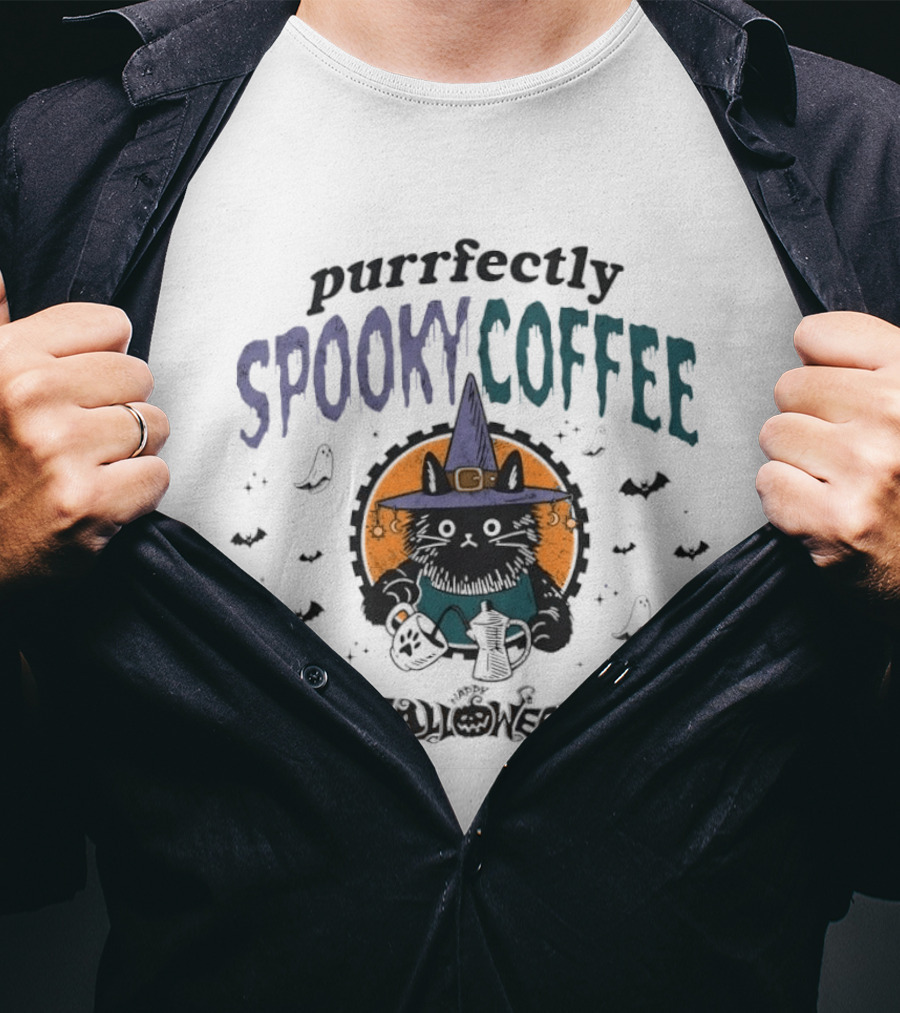 Purrfectly Spooky Coffee Witch Cat Halloween T-Shirt