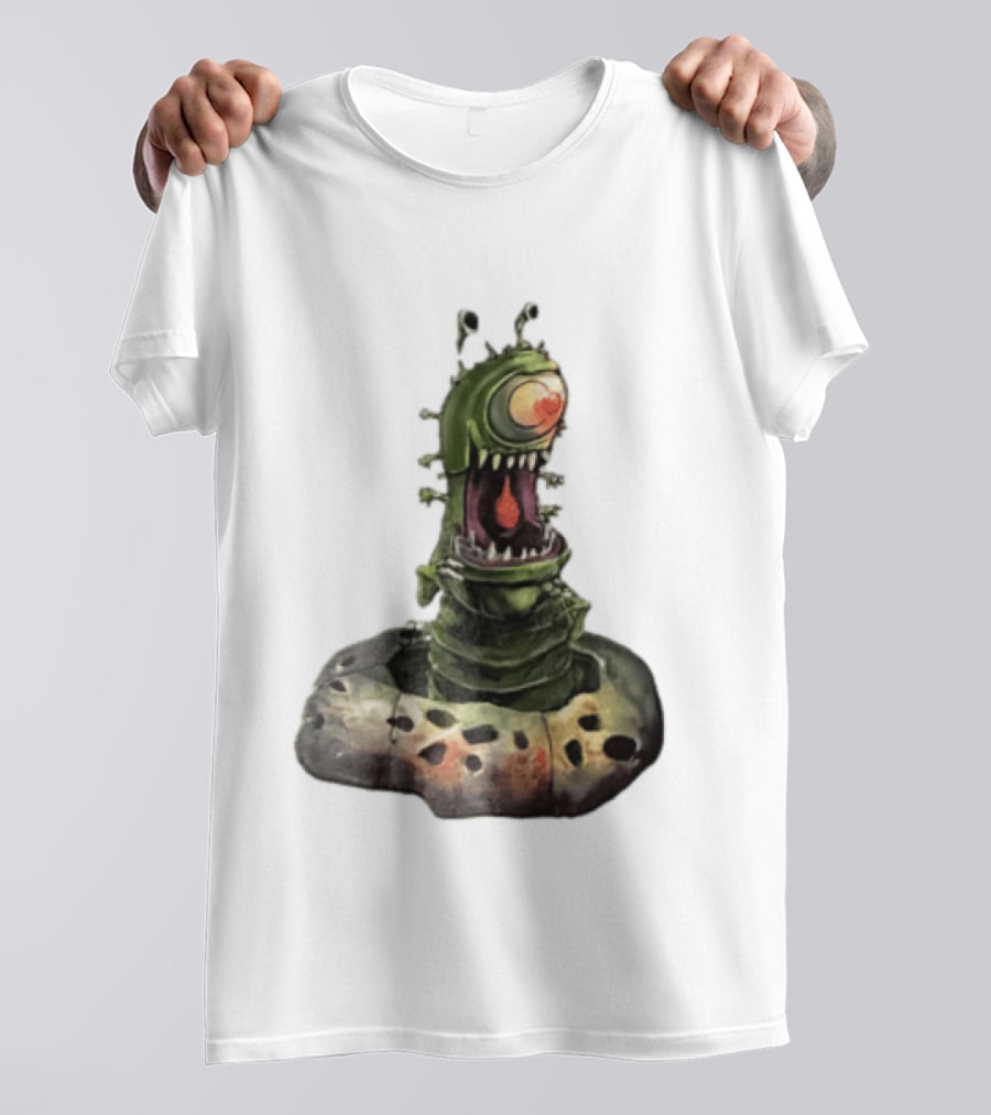 Cartoon Monstrous One Eyed Green Creature Emerging From Ground Hole T-Shirt