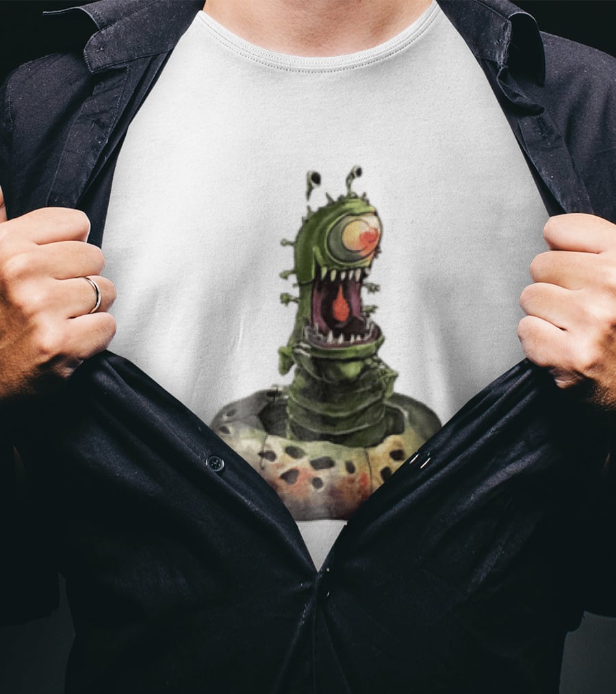 Cartoon Monstrous One Eyed Green Creature Emerging From Ground Hole T-Shirt