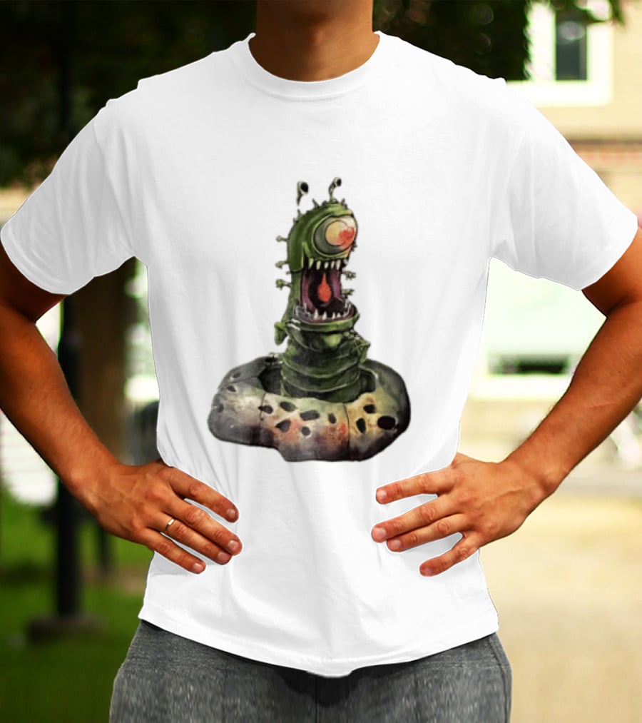 Cartoon Monstrous One Eyed Green Creature Emerging From Ground Hole T-Shirt