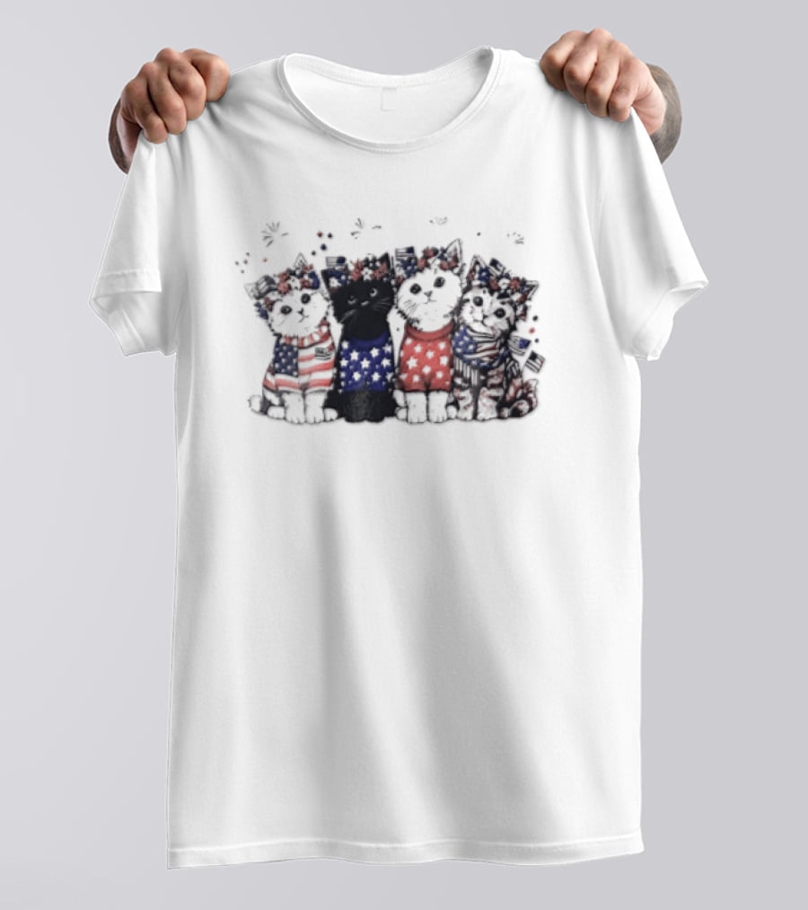 Four Patriotic Watercolor Kittens Fireworks Celebration Red White Blue T-Shirt