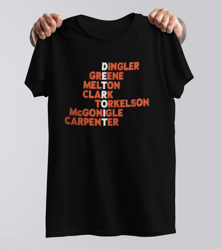 Detroit Tigers Dingler Greene Melton Clark Spencer Torkelson Mcgonigle Carpenter Names Vertical Arrangement T-Shirt