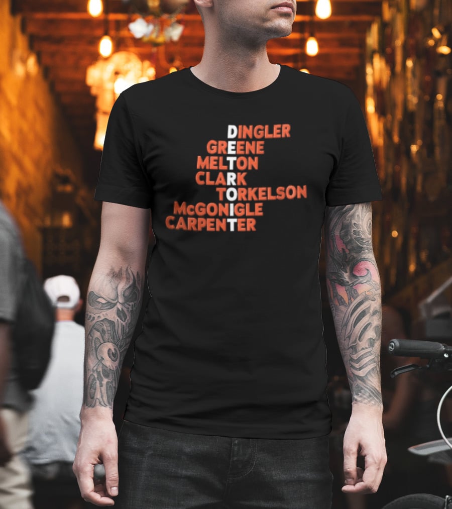 Detroit Tigers Dingler Greene Melton Clark Spencer Torkelson Mcgonigle Carpenter Names Vertical Arrangement T-Shirt