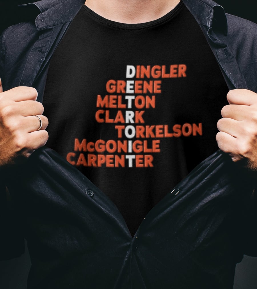 Detroit Tigers Dingler Greene Melton Clark Spencer Torkelson Mcgonigle Carpenter Names Vertical Arrangement T-Shirt
