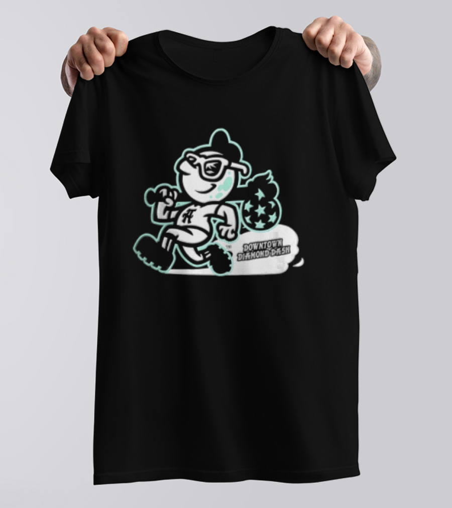 Downtown Diamond Dash Baseball Cartoon Character Running Carrying Star Bag T-Shirt