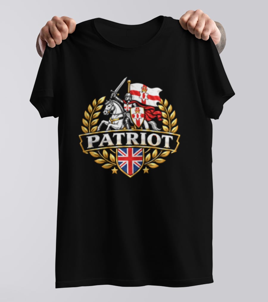 Patriot Knight Riding With Northern Ireland Flag And Union Jack Crest T-Shirt
