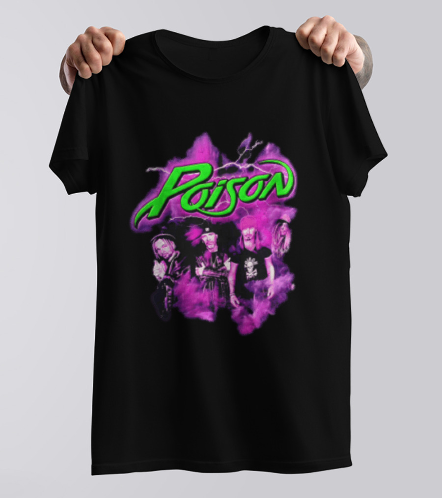 Poison Band Members Graphic With Neon Green Logo And Purple Aura T-Shirt