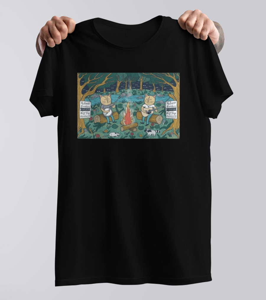 The Avett Brothers Wolf Trap Vienna 2026 Show Cats Playing Instruments Camping Scene T-Shirt