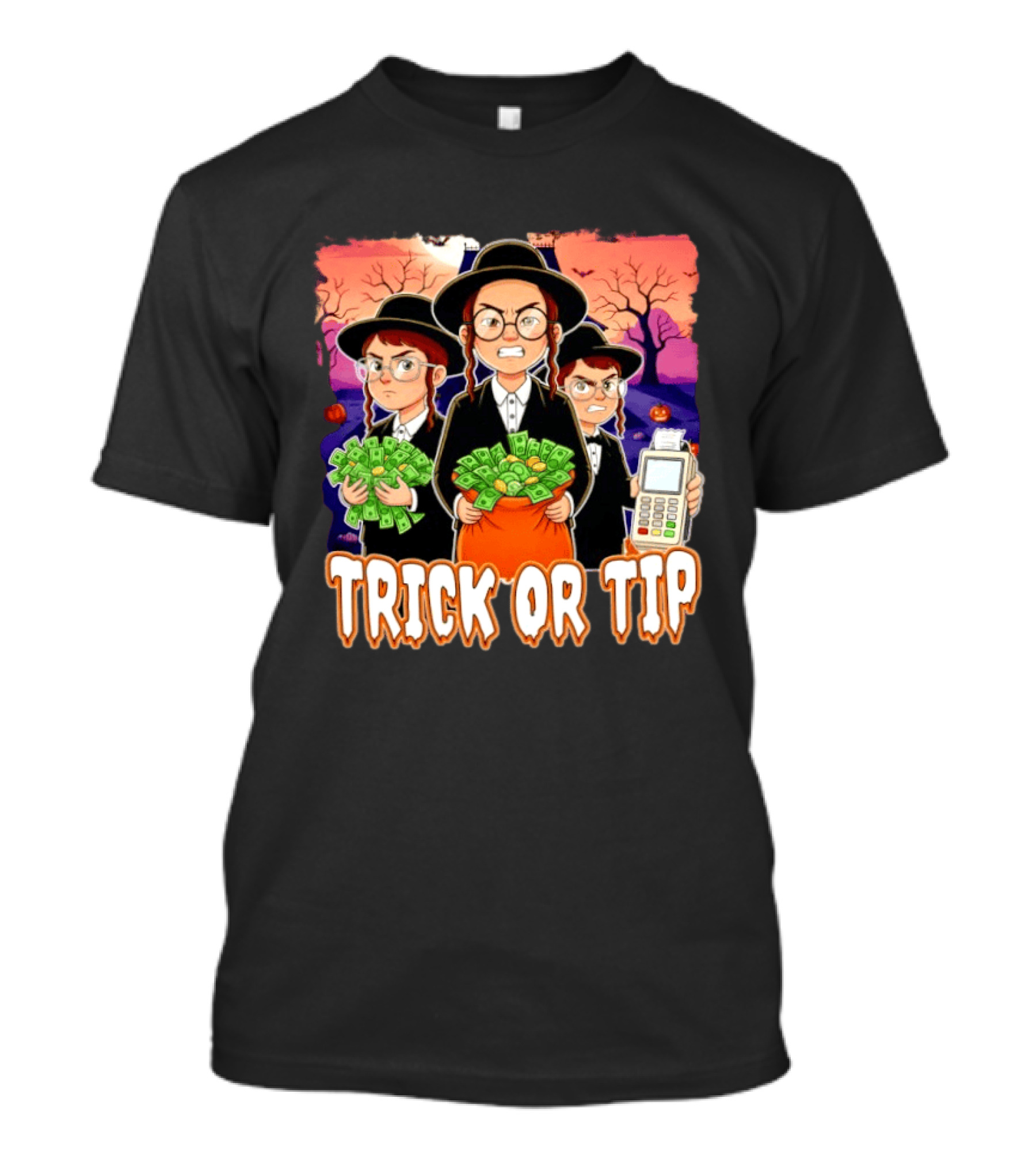 Trick Or Tip Halloween Money Bag Cartoon Characters Holding Cash And Payment Terminal T-Shirt