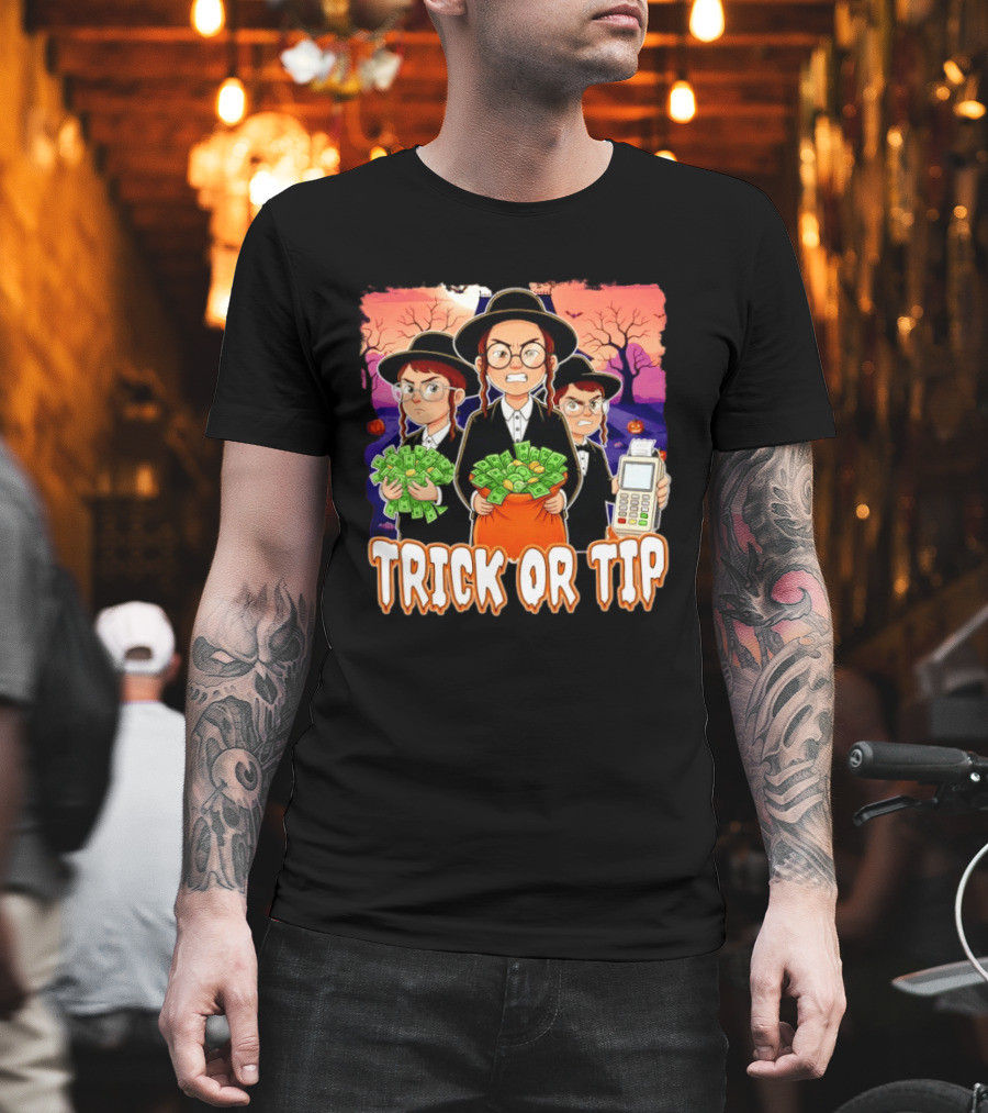 Trick Or Tip Halloween Money Bag Cartoon Characters Holding Cash And Payment Terminal T-Shirt