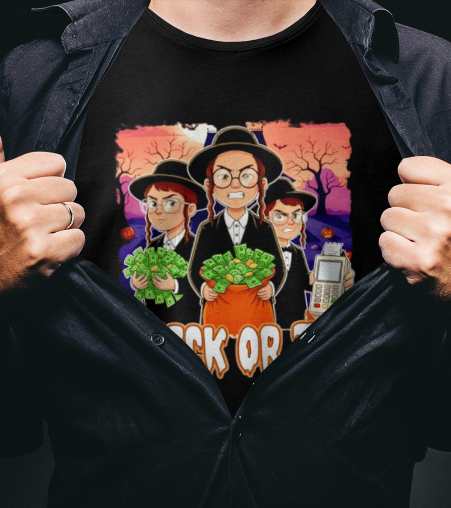 Trick Or Tip Halloween Money Bag Cartoon Characters Holding Cash And Payment Terminal T-Shirt