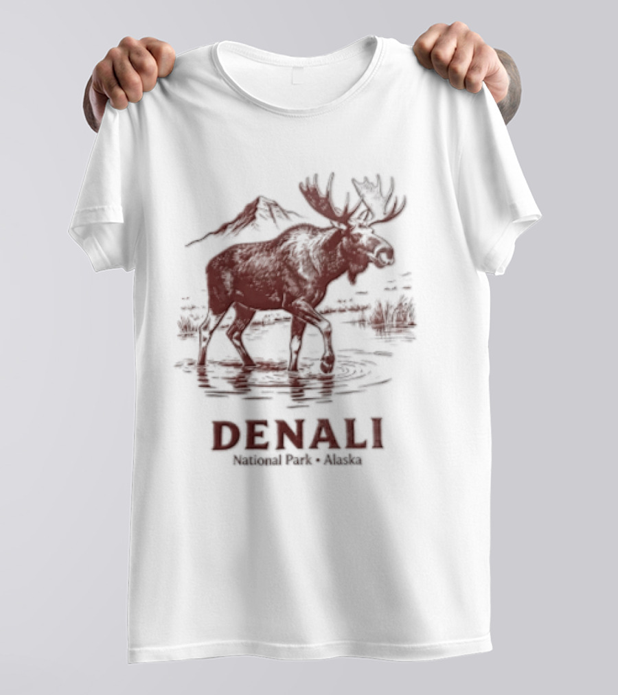 Denali Moose Walking In Water Near Mountain Scenery T-Shirt
