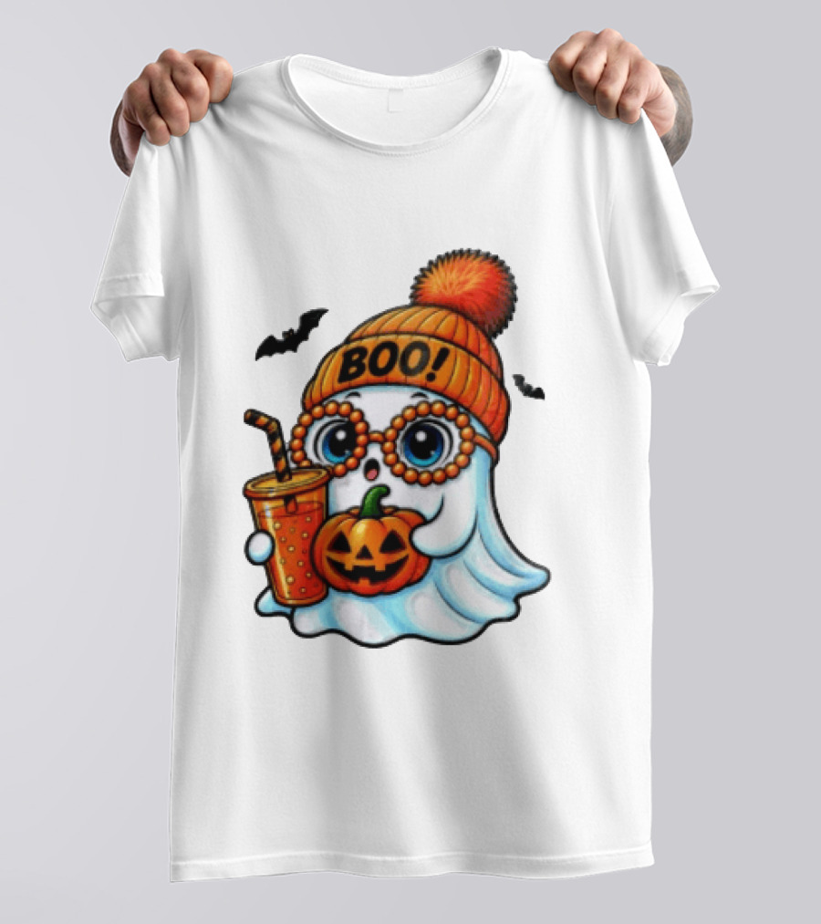 BOO Halloween Ghost With Pumpkin And Drink Spooky Fall Vibes T-Shirt