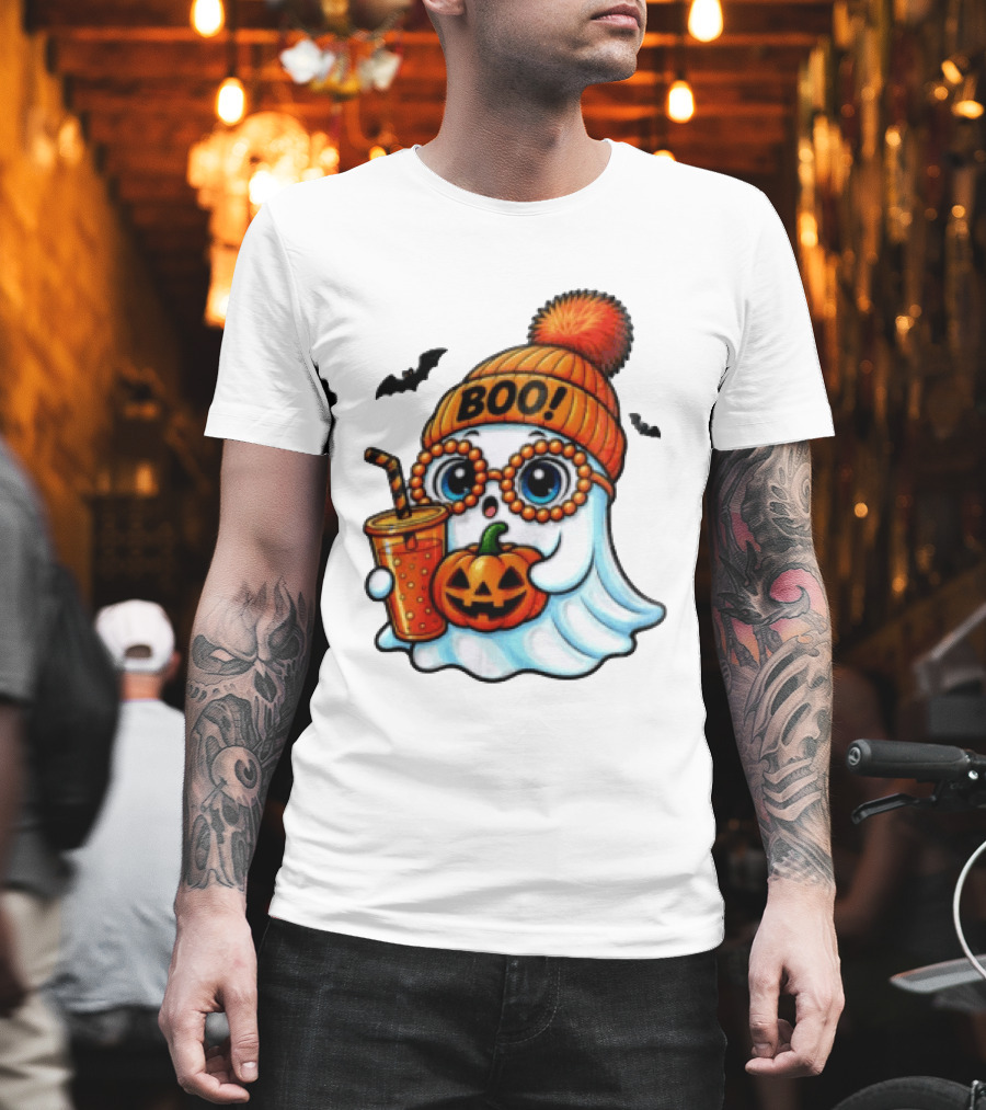 BOO Halloween Ghost With Pumpkin And Drink Spooky Fall Vibes T-Shirt