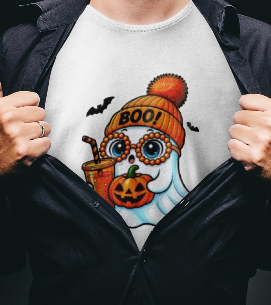 BOO Halloween Ghost With Pumpkin And Drink Spooky Fall Vibes T-Shirt