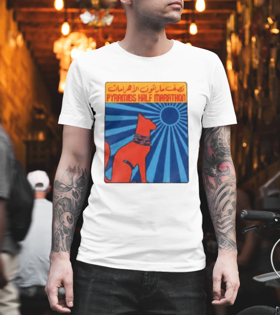 Pyramids Half Marathon Egypt Cat Sunburst Arabic T-Shirt