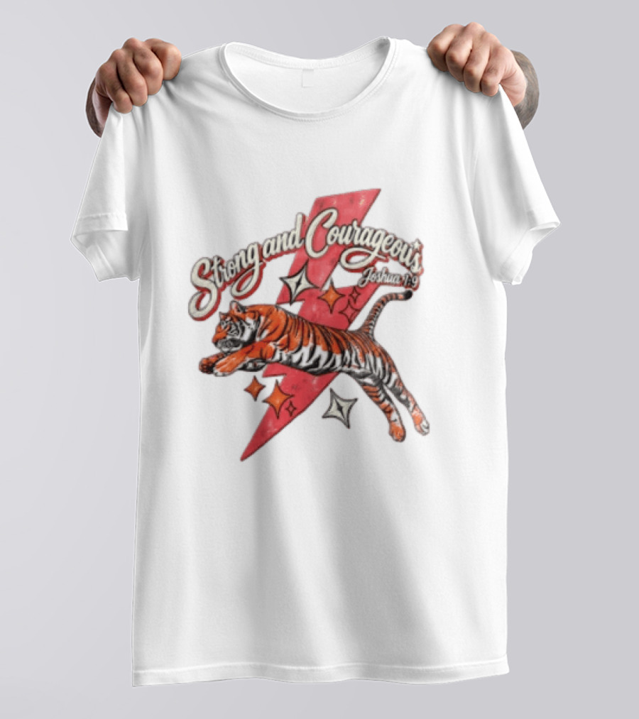 Strong And Courageous Joshua 1 9 Leaping Tiger Pink Lightning Bolt Stars T-Shirt
