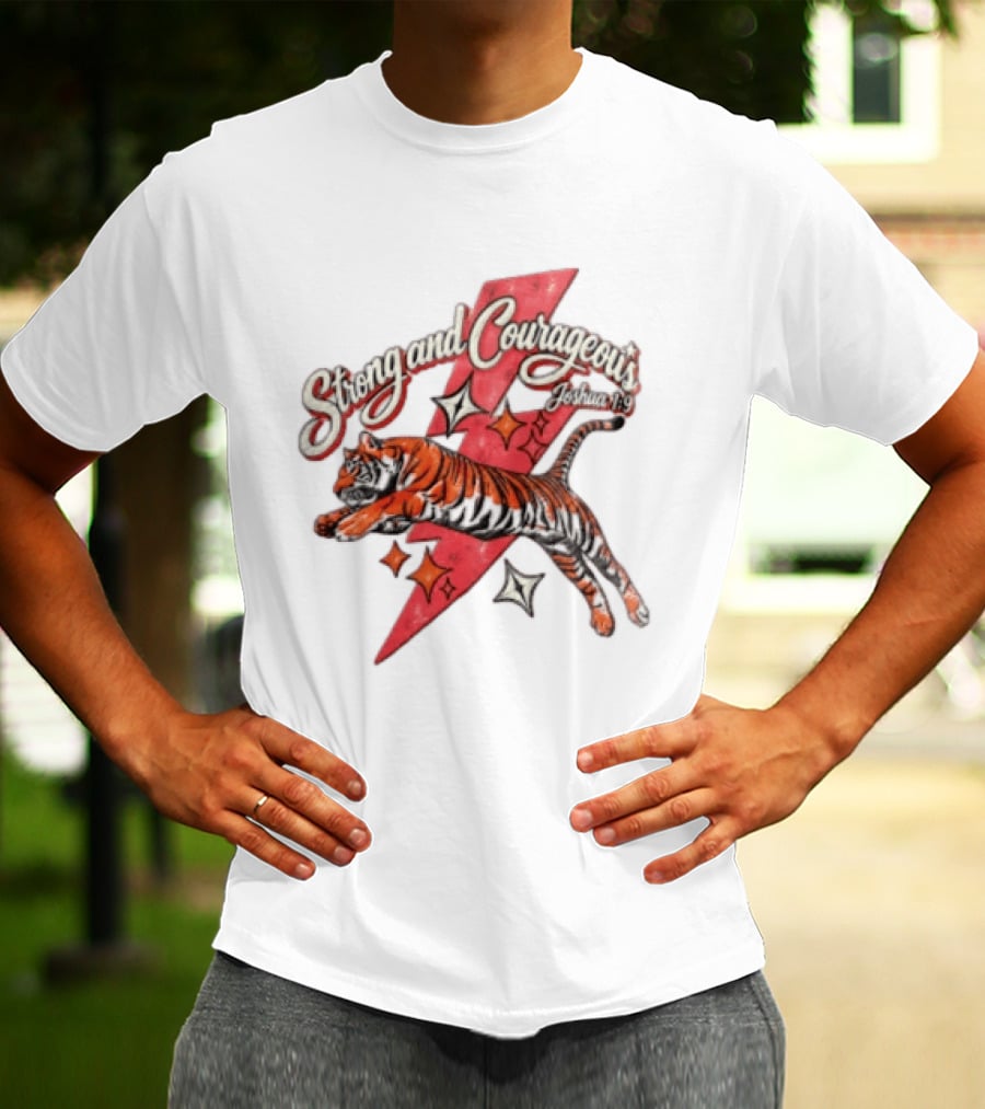 Strong And Courageous Joshua 1 9 Leaping Tiger Pink Lightning Bolt Stars T-Shirt