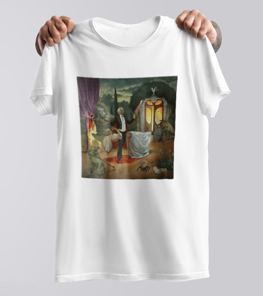 Surreal Gothic Man With Candle And Floating Figures Mysterious Enchantment T-Shirt