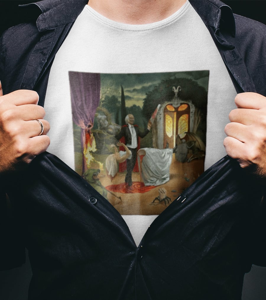 Surreal Gothic Man With Candle And Floating Figures Mysterious Enchantment T-Shirt