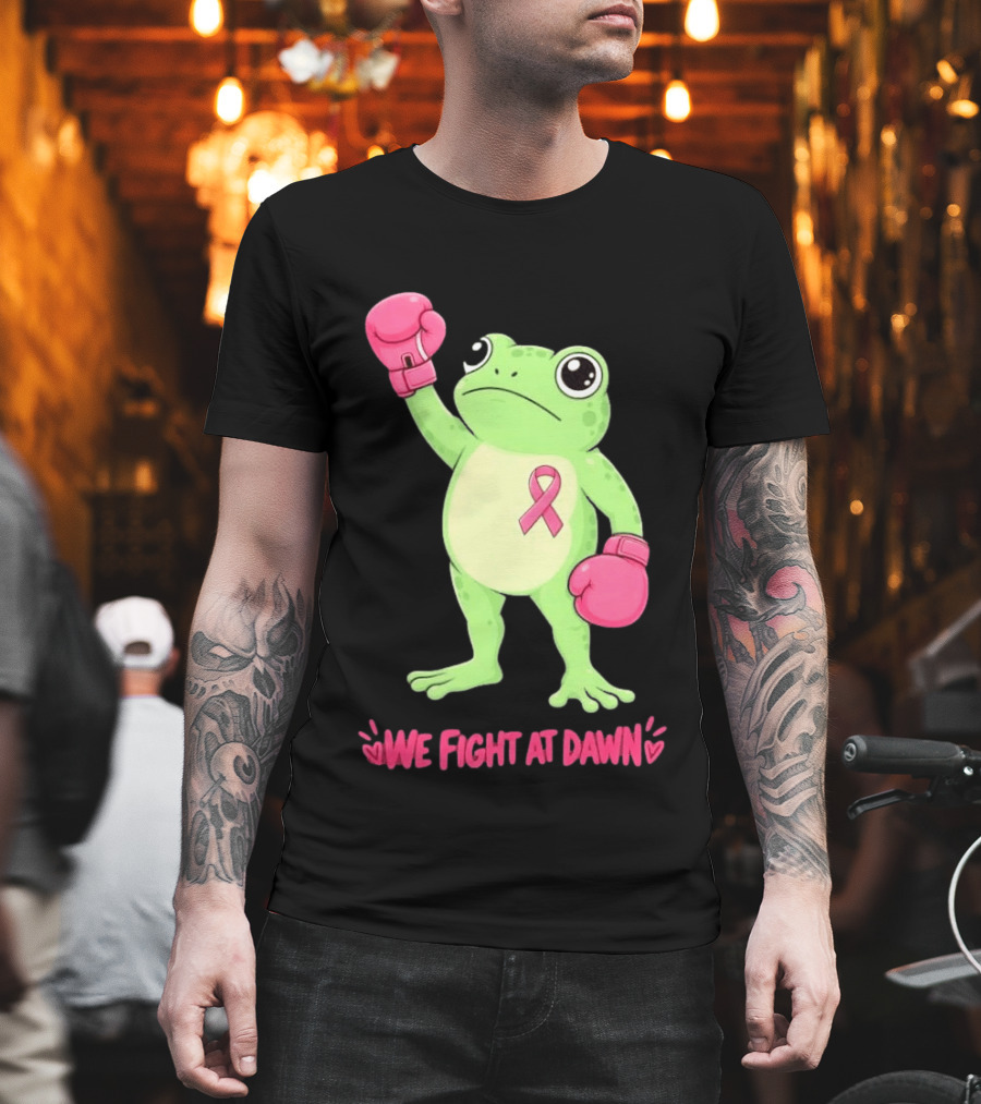 Boxing Frog We Fight At Dawn Breast Cancer Awareness Pink Gloves Ribbon T-Shirt