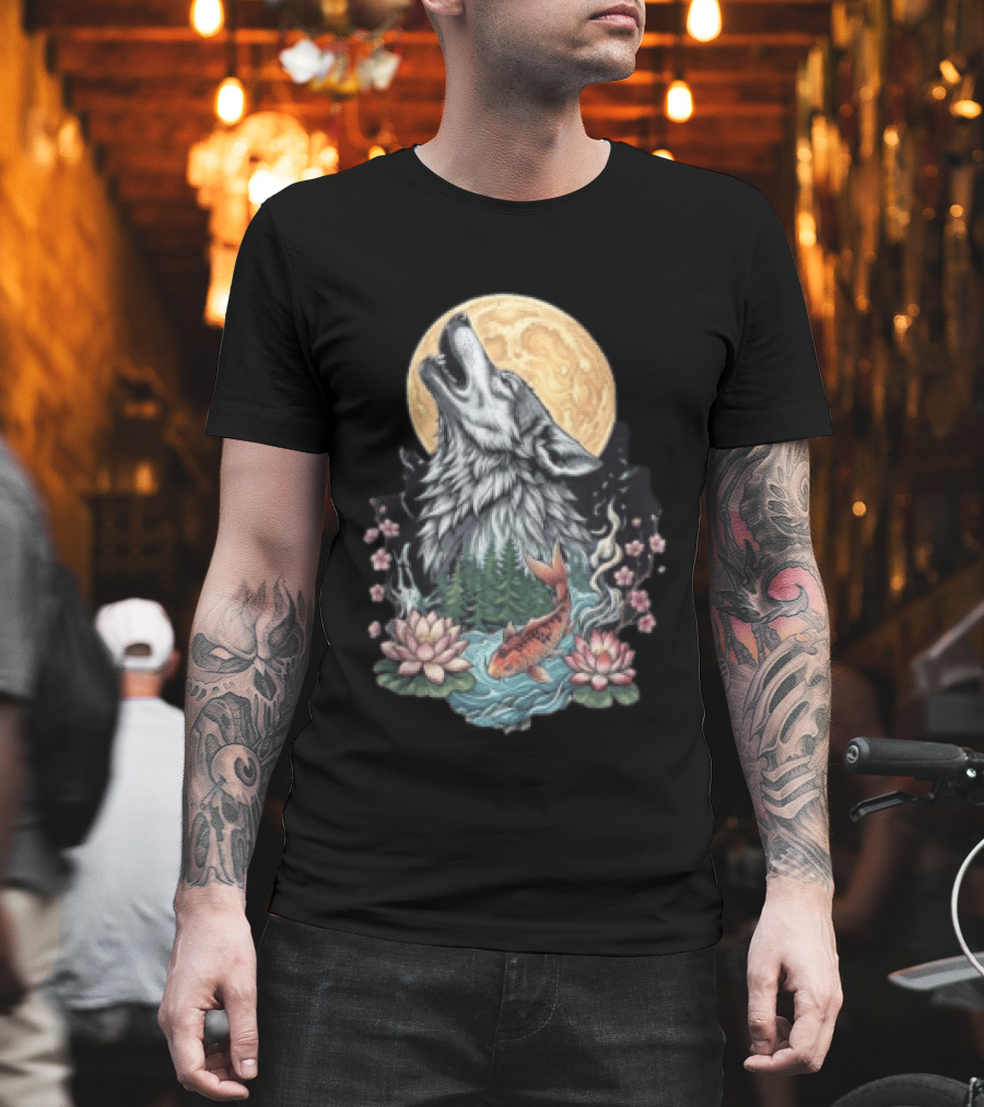 Howling Wolf Full Moon Koi Lotus Blossoms T-Shirt