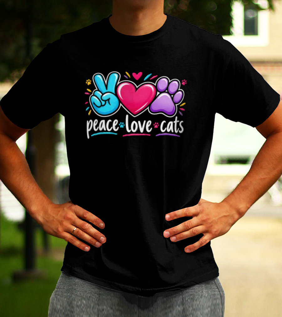 Peace Love Cats Sign Heart Paw Rainbow T-Shirt