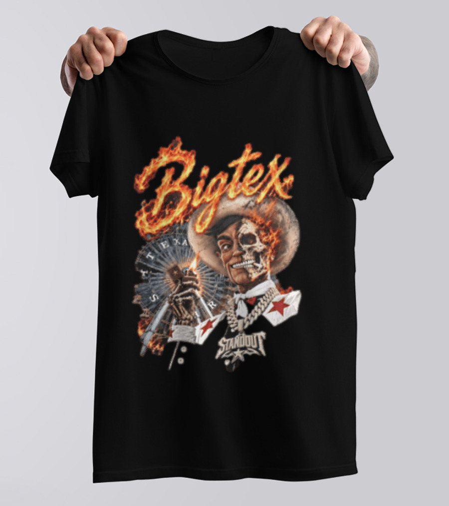Big Tex Skeleton Cowboy Flaming Hat Texas Star Ferris Wheel T-Shirt