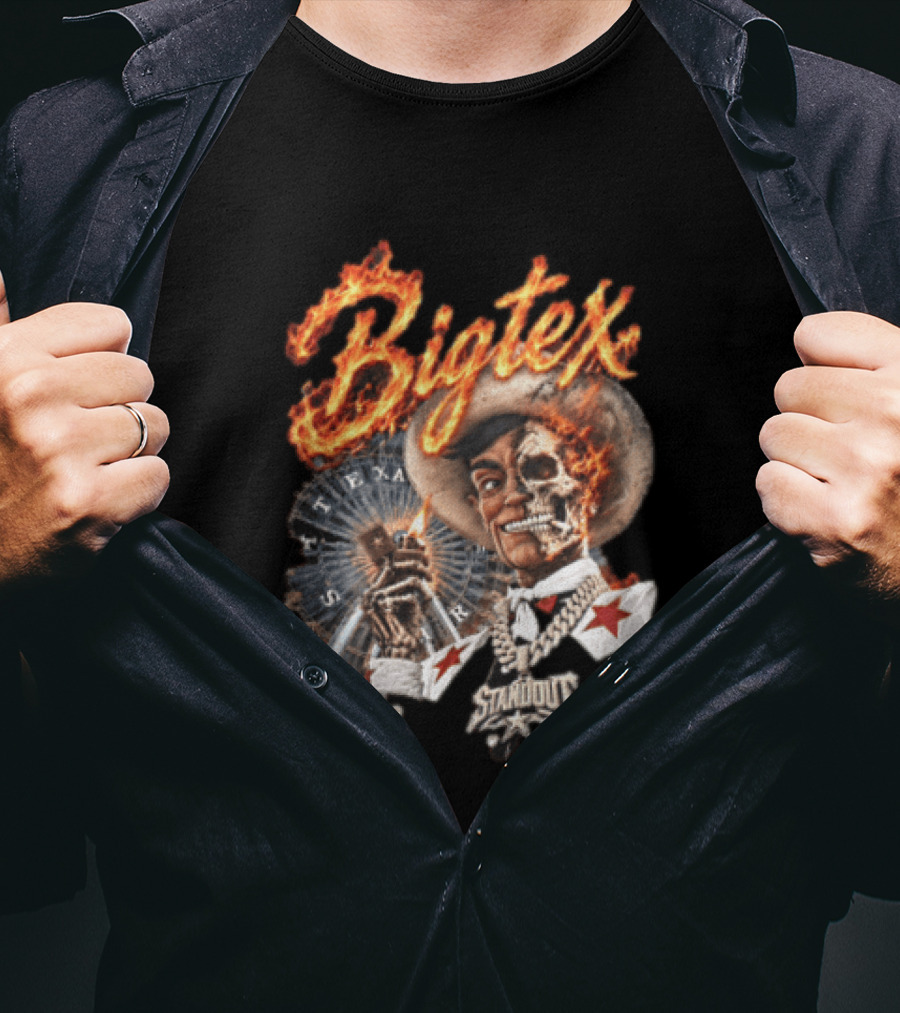 Big Tex Skeleton Cowboy Flaming Hat Texas Star Ferris Wheel T-Shirt