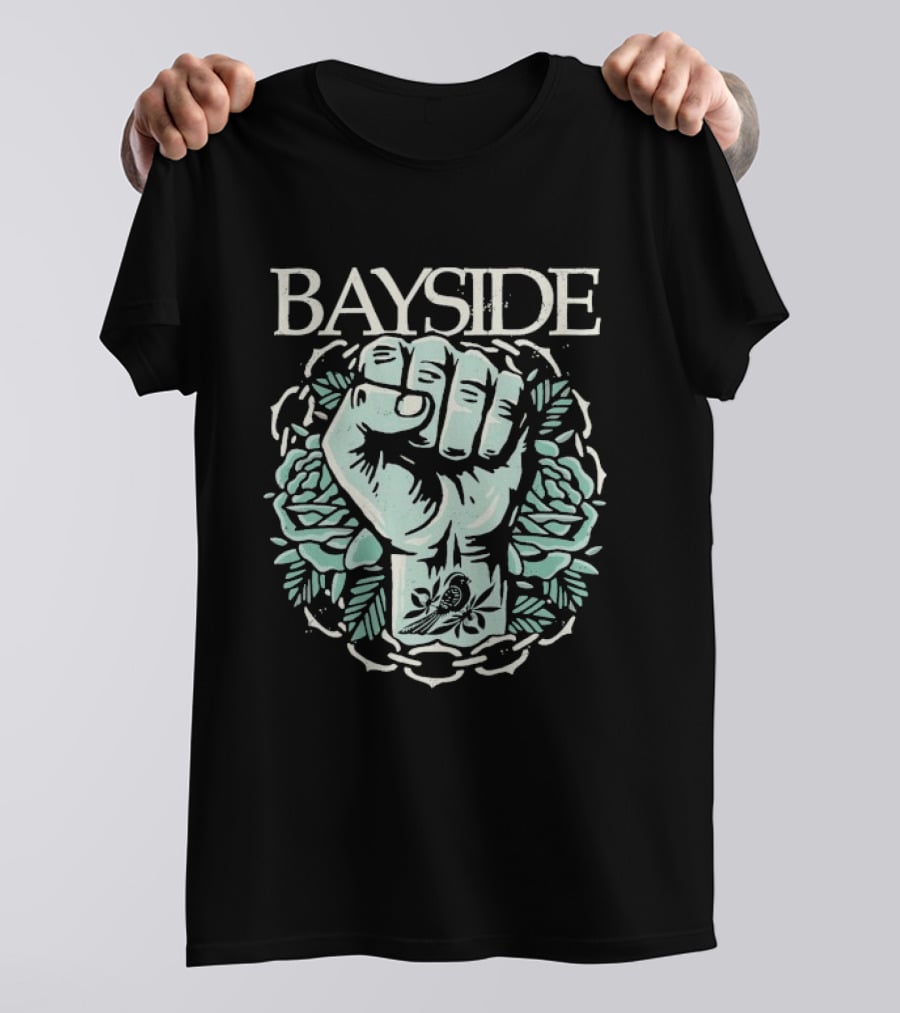 Bayside Acoustic Fist Tattoo Style With Roses And Fist In Chain Circle T-Shirt