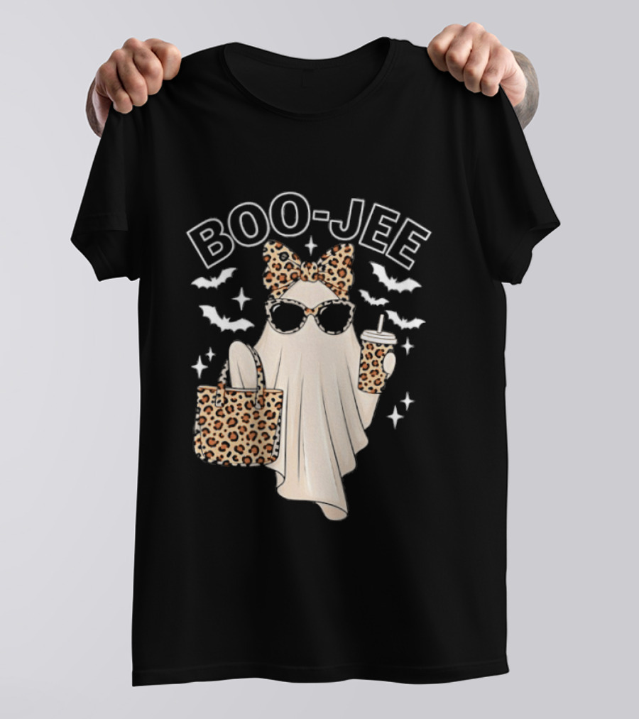 Boo Jee Stylish Ghost With Leopard Print Accessories And Bats T-Shirt