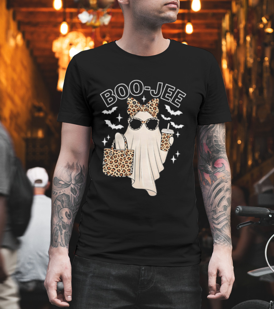 Boo Jee Stylish Ghost With Leopard Print Accessories And Bats T-Shirt