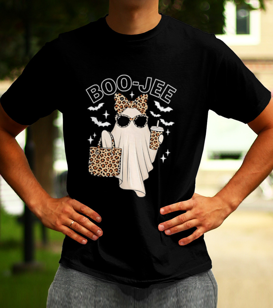 Boo Jee Stylish Ghost With Leopard Print Accessories And Bats T-Shirt