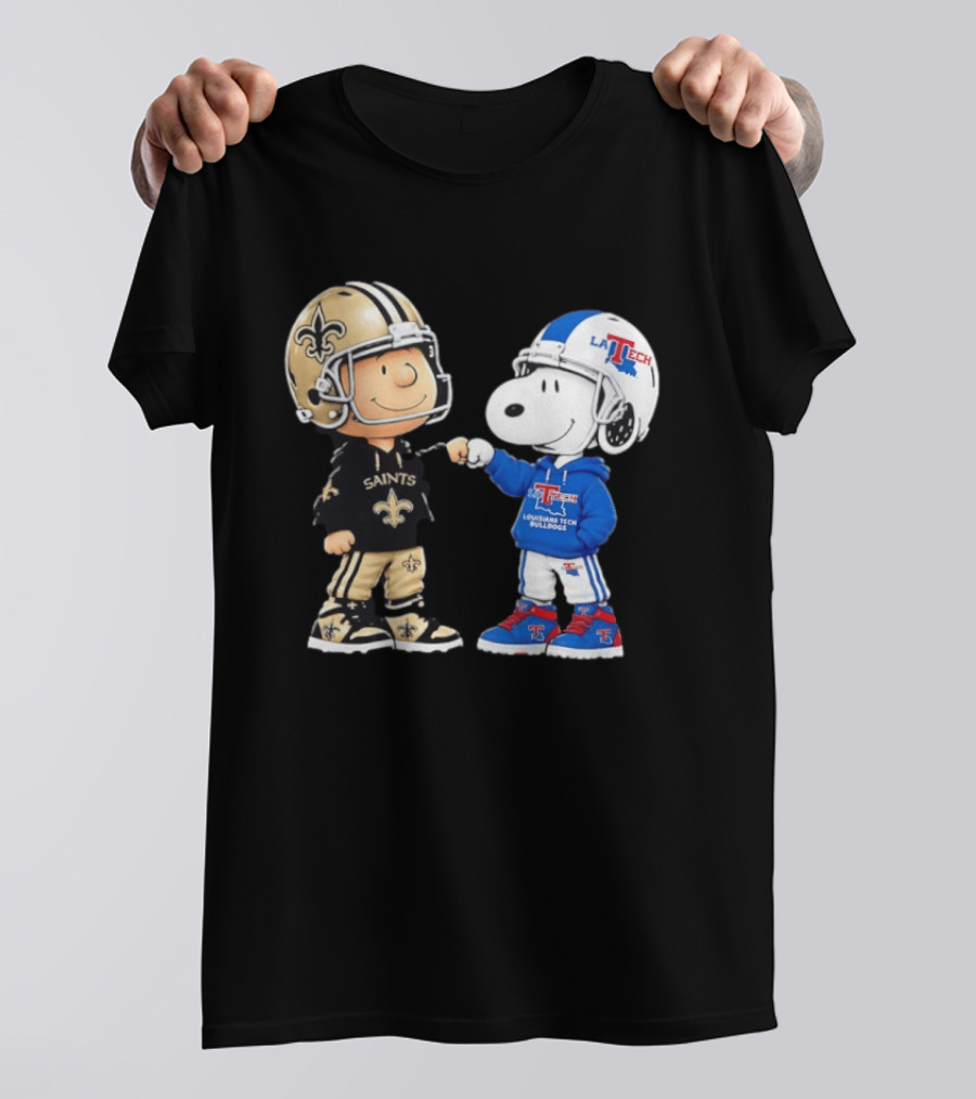 Charlie Brown Saints And Snoopy Louisiana Tech Bulldogs Team Helmet Fist Bump T-Shirt