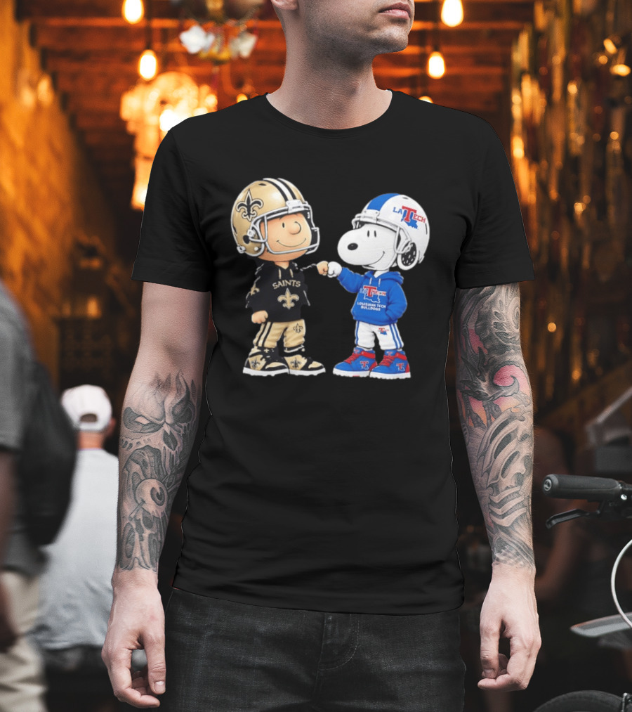 Charlie Brown Saints And Snoopy Louisiana Tech Bulldogs Team Helmet Fist Bump T-Shirt