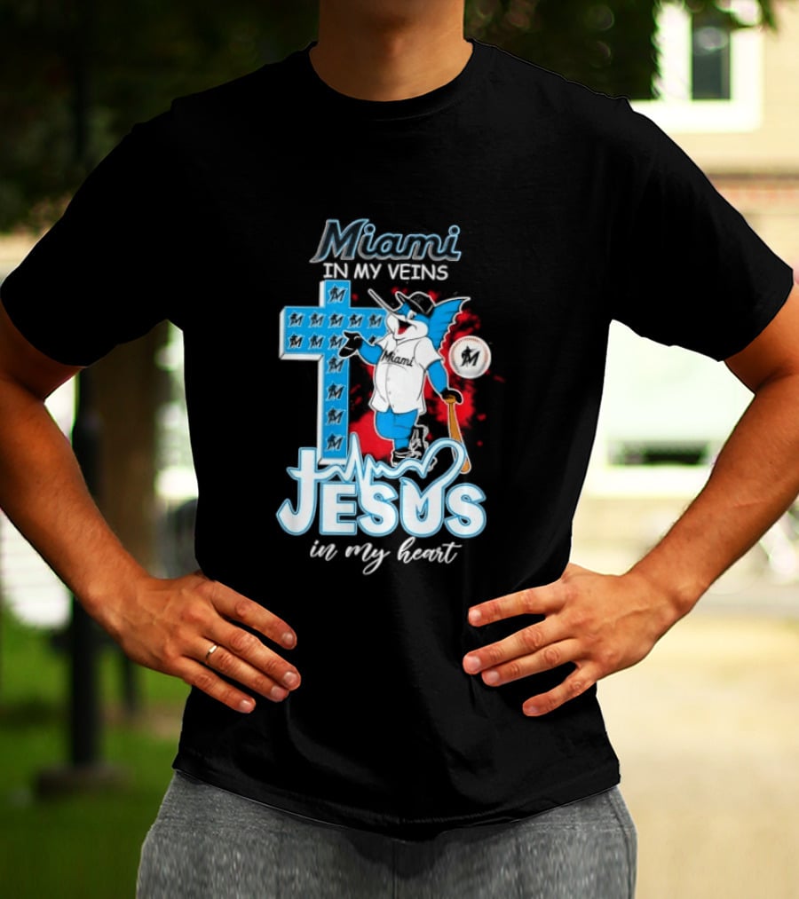 Miami Marlins In My Veins Jesus In My Heart Cross Baseball T-Shirt